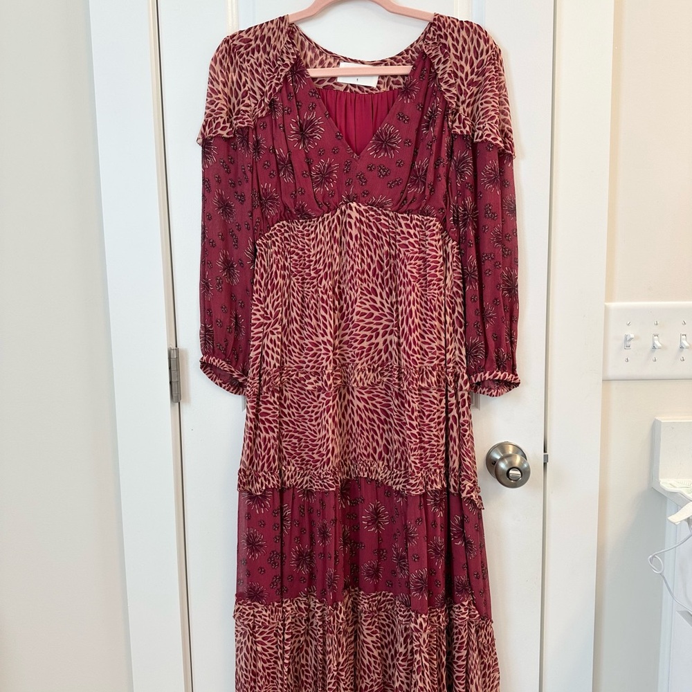 ba&sh Red Tiered Long Sleeve BOHO Sundress